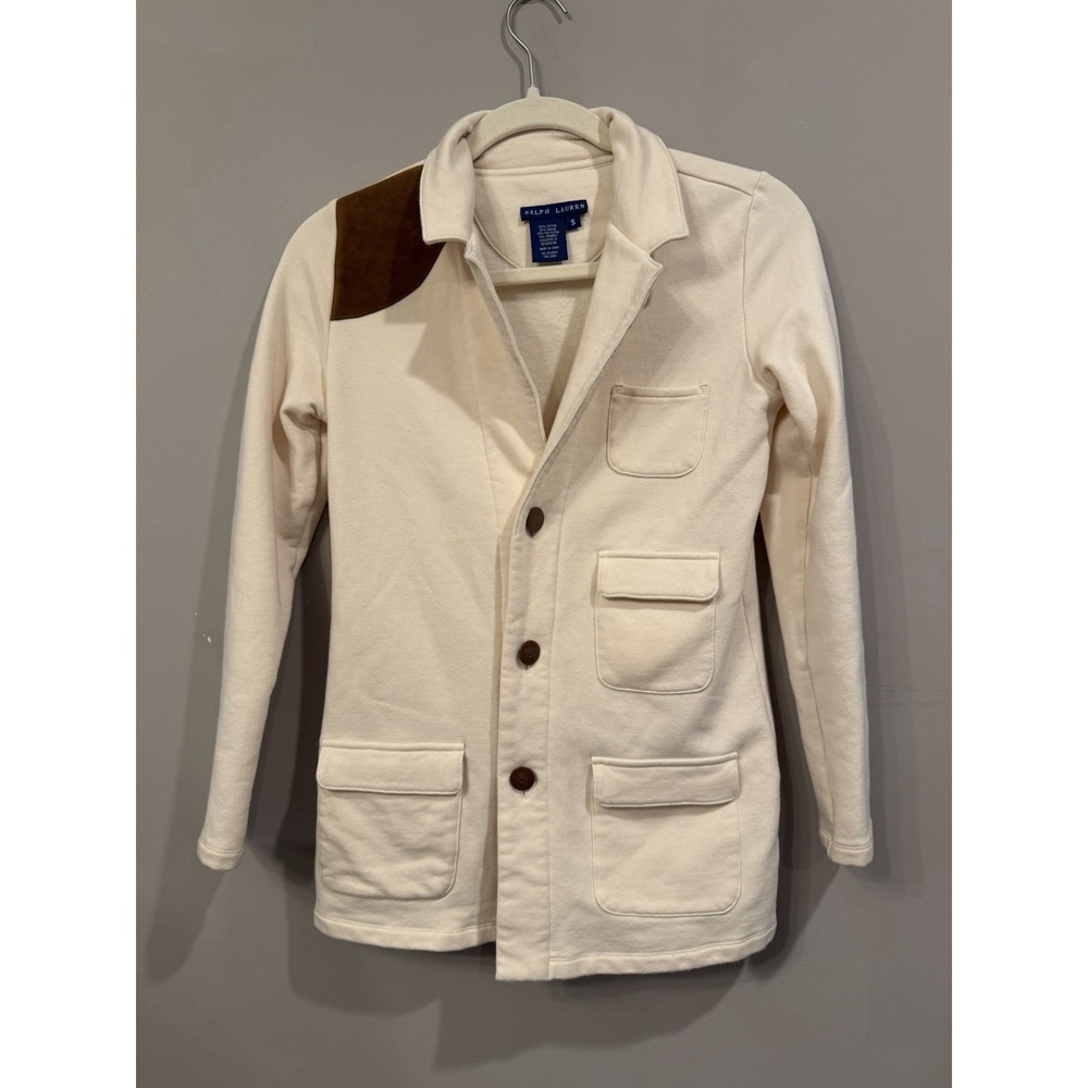 Ralph Lauren Womens Suede Shoulder Military Blazer Jacket Small S Cream Stretch